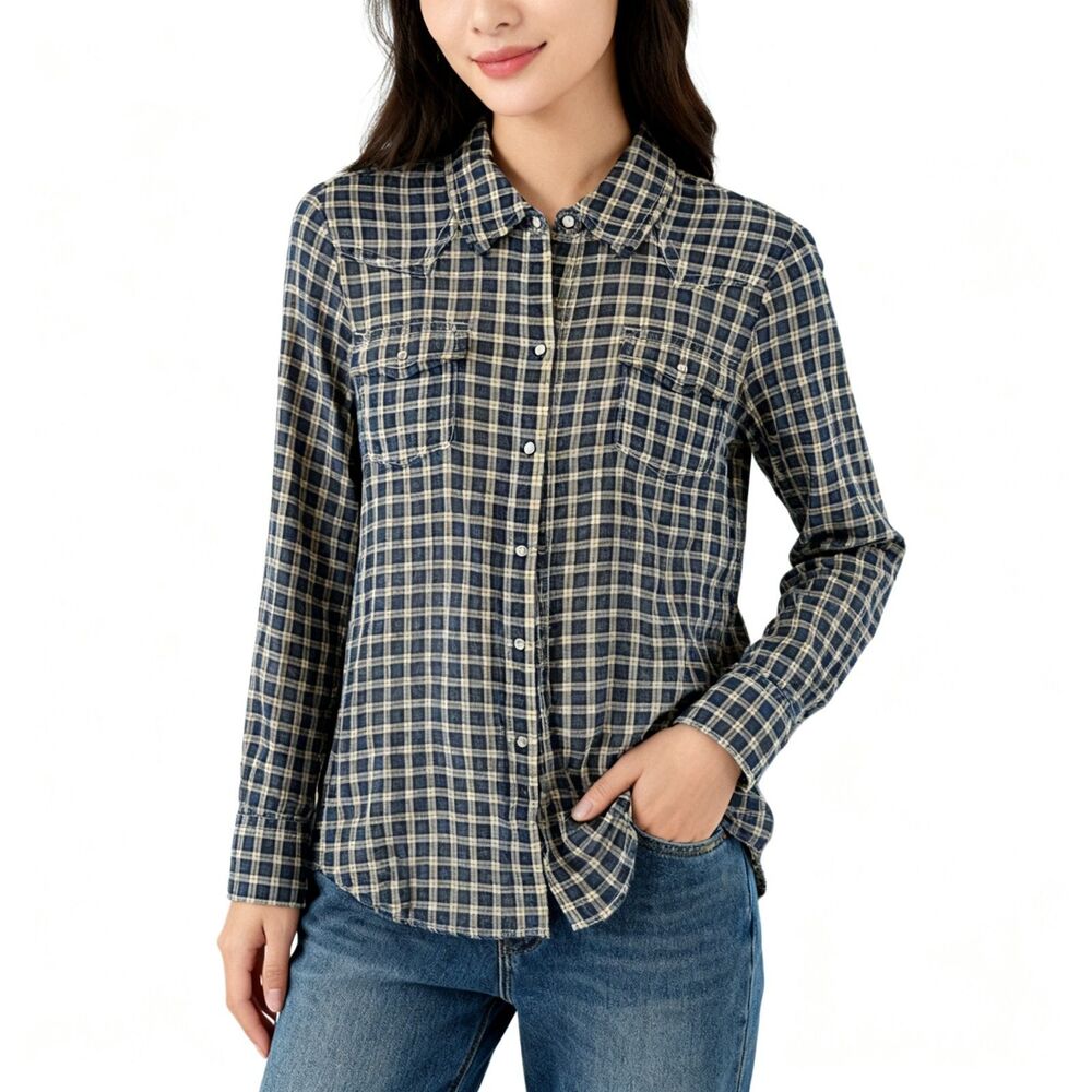 Old Navy Plaid Shirt Womens XL Navy White Pearl Snaps Western Fall